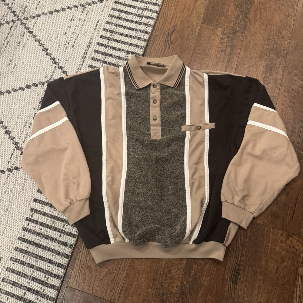 Vintage LD Sport Pullover Shirt Men's Large Tan Long Sleeve Striped Collared 90s